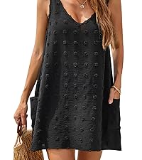 Casual Sun Summer Dresses Swiss Polka Dot Beach Cover Up V Neck Tank Dress with Pockets