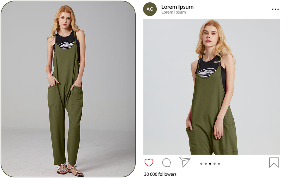 Women''s Loose V Neck Sleeveless Spaghetti Strap Harem Pants Jumpsuits Jumpers with Pockets