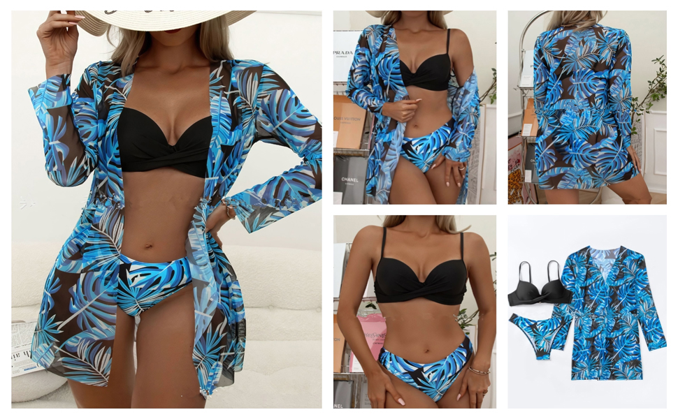 Women''s 3 Piece Swimsuits Push Up Bikini Sets Beach Long Sleeve Bathing Suits with Kimono Cover Up