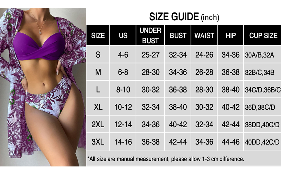 Women''s 3 Piece Swimsuits Tropical Push Up Bikini Sets Beach Long Sleeve Bathing Suits with Cover Up