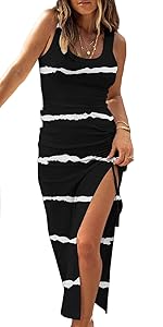 Womens Sexy Side Slit Drawstring Ruched Bodycon Casual Sun Maxi Dresses Sleeveless Ribbed Tank Dress