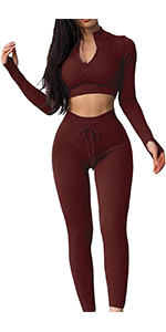  Ribbed Long Sleeve Zipper Crop Tops High Waist Drawstring Leggings Gym Yoga Outfit