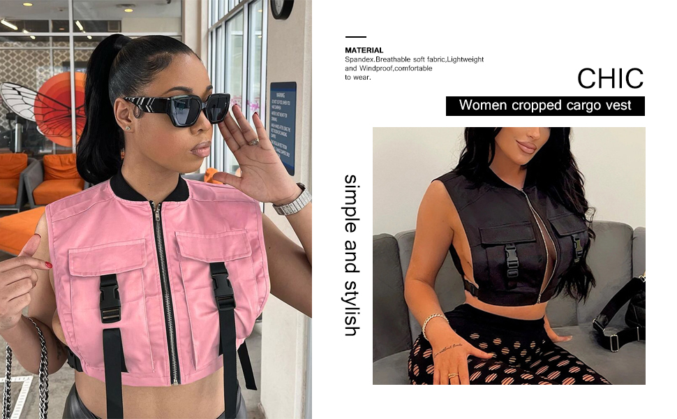 Women Streetwear Cargo Jacket Sleeveless Crop Vest Tops