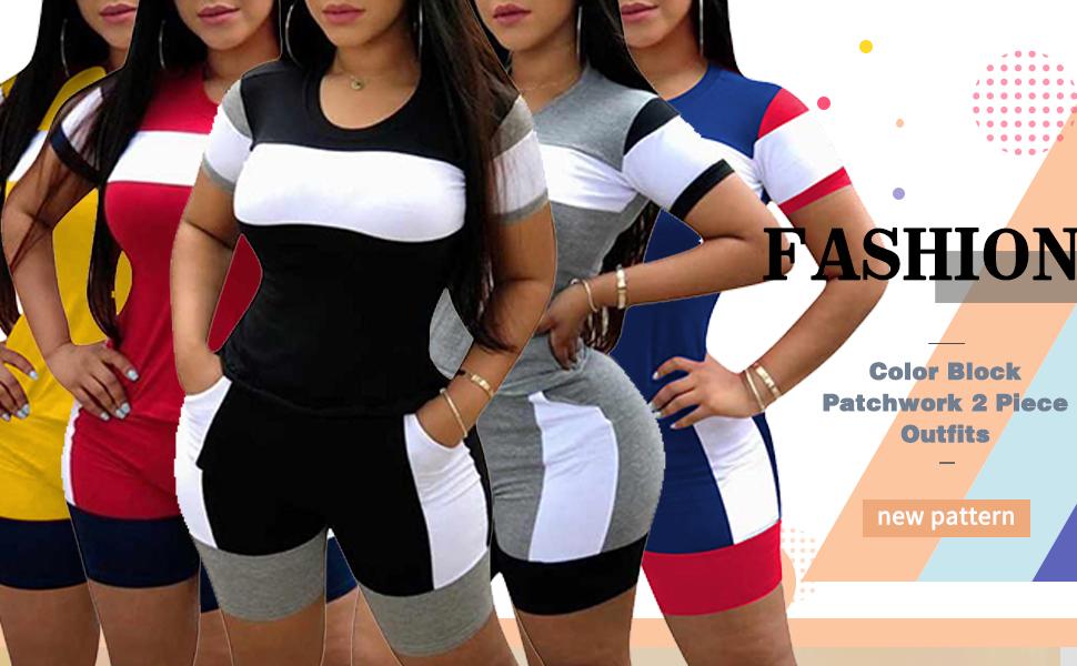 Women''s Patchwork 2 Piece Color Block Tshirt and Pocket Shorts Set White Outfits 