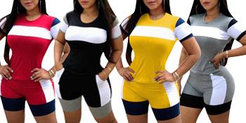 Women Color Block Striped 2 Piece Outfits Pockets Short Sets Active Tracksuits 