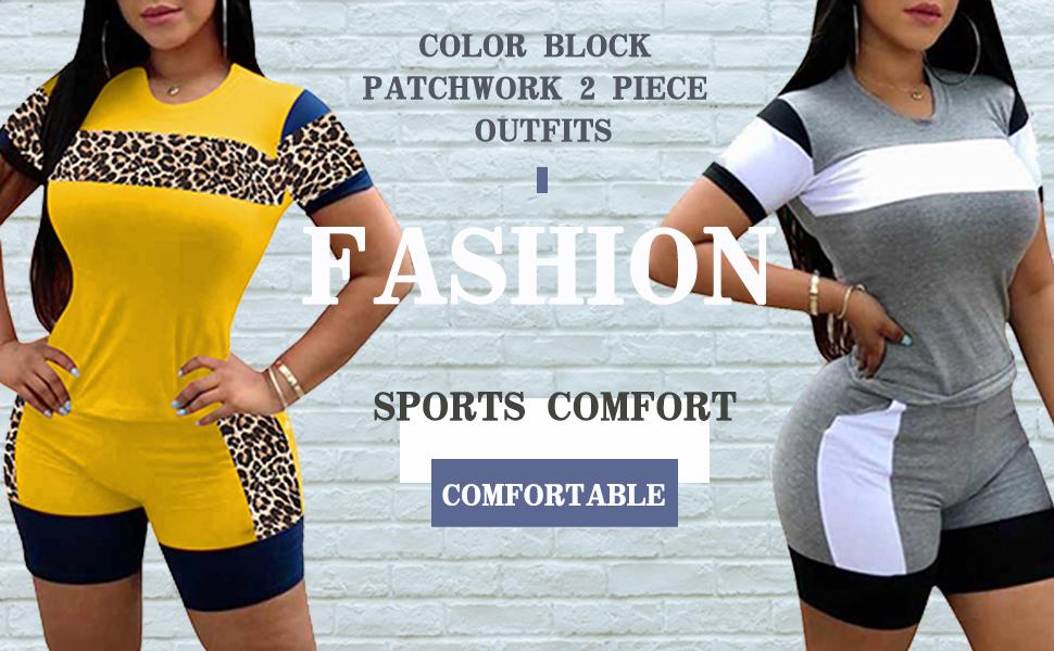 KOOBETON Women Leopard 2 Piece Outfit Shorts and Shirt Set Color Block Tracksuit