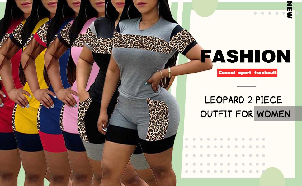 Women Color Block Striped 2 Piece Outfits Leopard Pockets Short Sets Active Tracksuits 