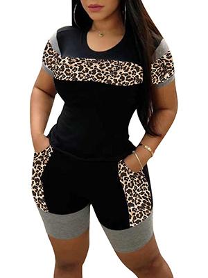 Womens Leopard 2 Piece Outfit Pockets Shorts Set Short Sleeve T Shirts Colorful Tracksuits