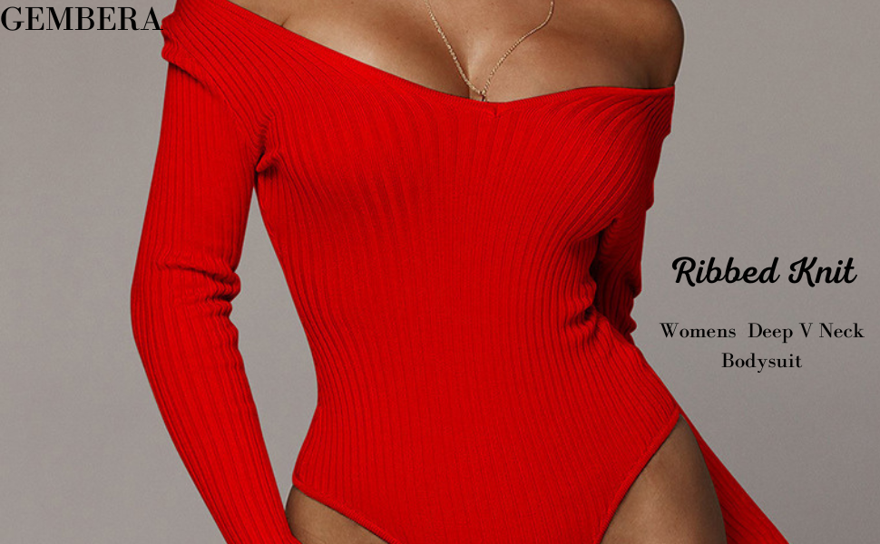 Womens'' Red Ribbed Knit Bodysuit