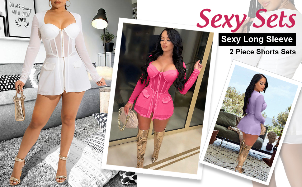 Womens Sexy 2 Piece Mesh Patchwork Outfits See-Through Long Sleeve Zipper Tops Bodycon Shorts Sets