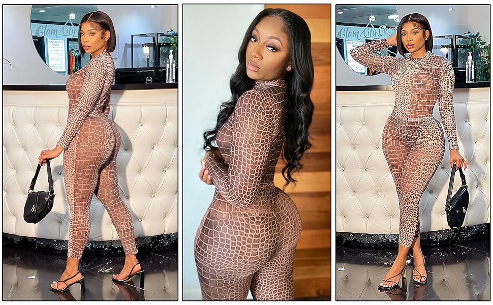 Sexy Women Long Sleeve Club Party Pant Suits Print See Through Long Jumpsuit 2 Piece Outfits