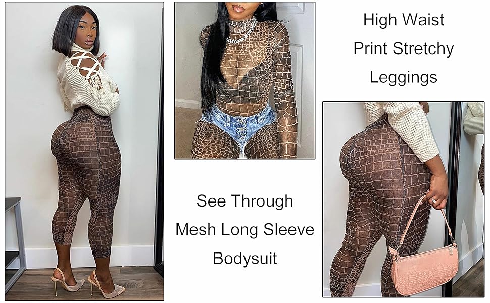 Women Sexy Long Sleeve See Through Two Piece Club Outfits Mesh Printed Long Jumpsuit Pant Set