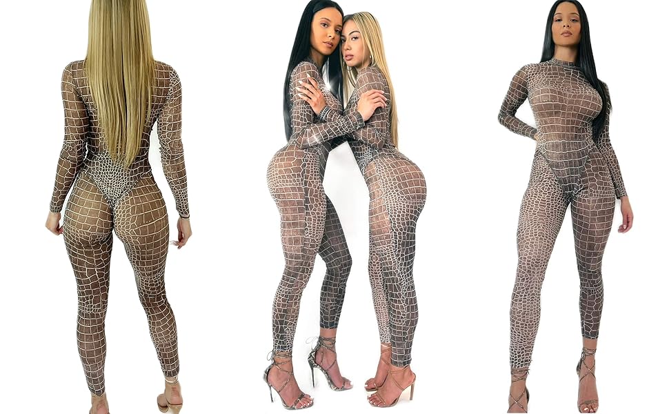 Women Sexy Turtleneck Sheer Mesh See Through Pant Suits Club Party Printed 2 Piece Jumpsuit