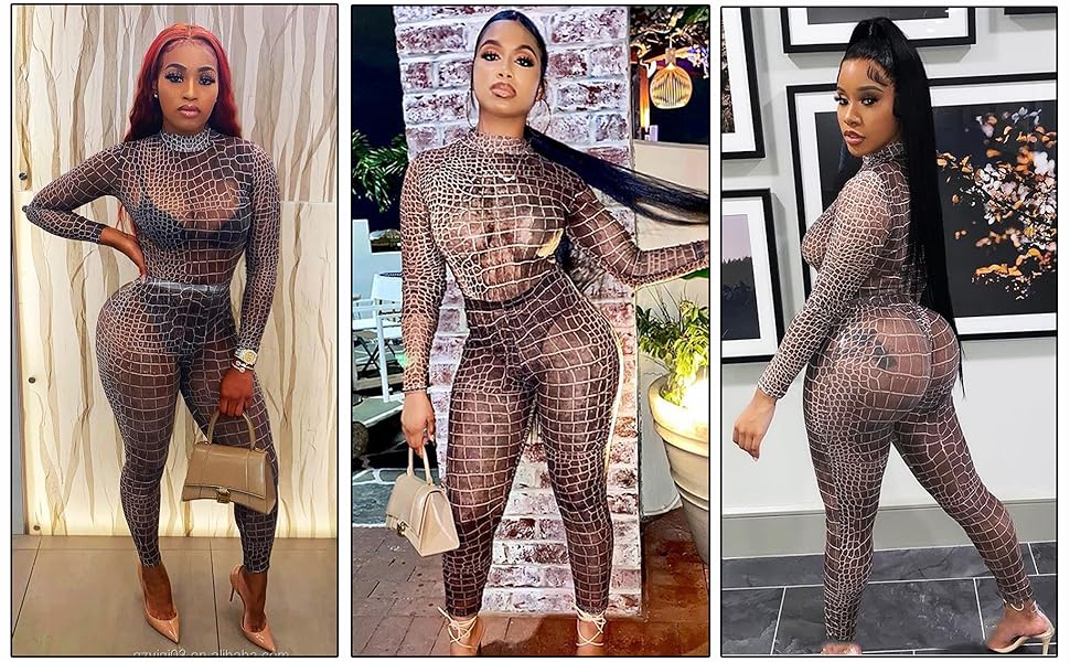 Sexy Women See Through Printed Mesh Two Piece Club Outfits Long Sleeve Jumpsuit Bodycomn Pant Set