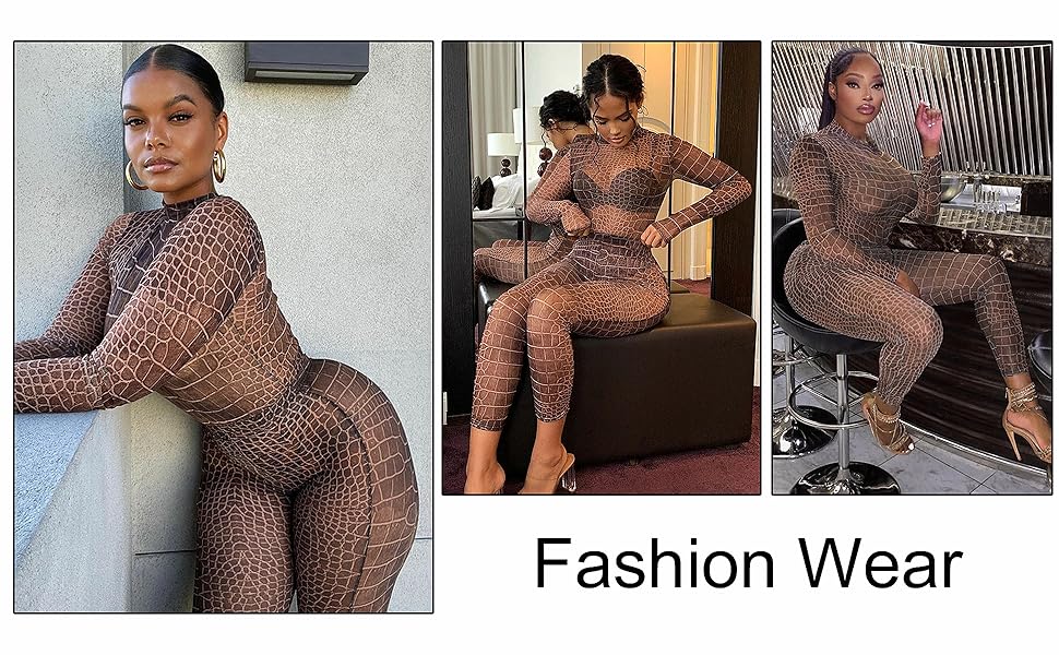 Women Sexy Turtleneck Jumpsuit Mesh See Through Bodycon 2 Piece Club Pant Set