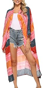  Women''s Lightweight Open Front Loose Tie Dye Summer Beach Cover Up Bohemian Print Kimono Cardigan