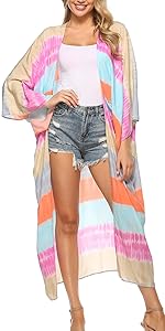 Women Casual Open Front Kimono Cardigan Tie Dye Stripe Maxi Kaftan Flare Sleeve Beach Cover Up