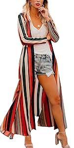 Chunoy Women Chiffon Long Sleeve Striped Kimono Loose Kaftan Sheer Cardigan Lightweight Cover Up