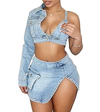 One shoudler denim skirt set