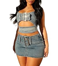 Denim 2 Piece Skirt Set for Women Clubwear