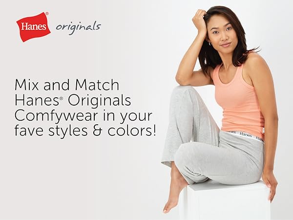 four colors Hanes Comfywear shorts, sitting model wearing pink ribbed tank with lounge pants