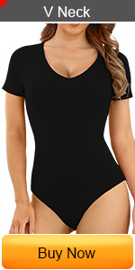 LAOLASI Womens V Neck Bodysuits Short Sleeves Slim Fit Casual Sexy Basic Extender Bodysuit