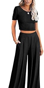 Lounge Sets for Women 2 Piece Summer Outfits Ribbed High Waist Palazzo Pants Crop Top