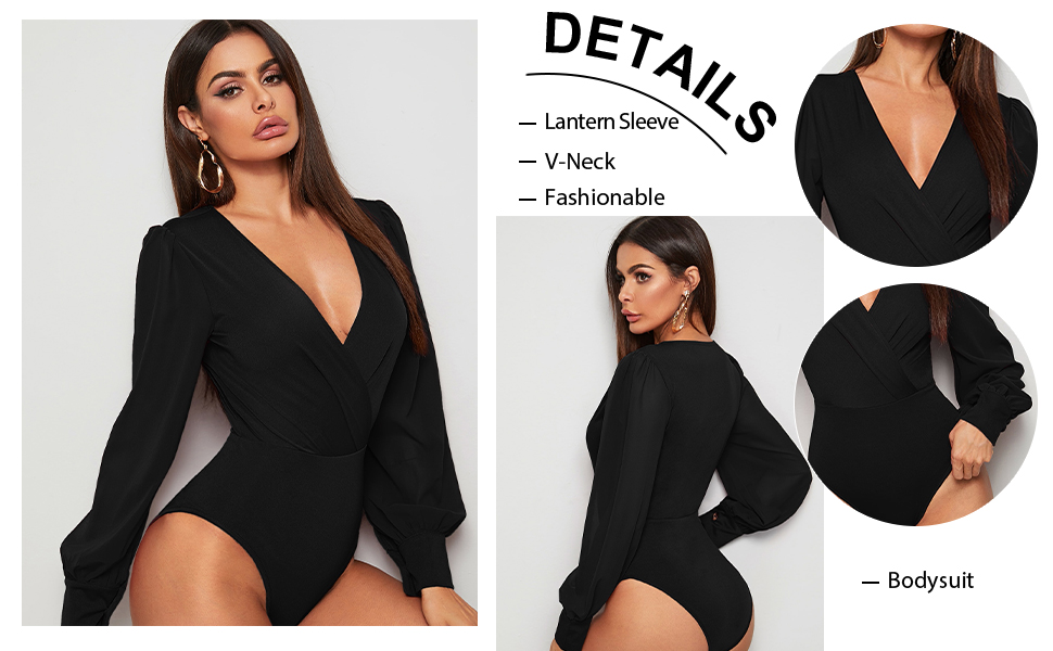 WDIRARA Women''s Deep V Neck Long Sleeve Solid Wrap Surplice Bodysuit