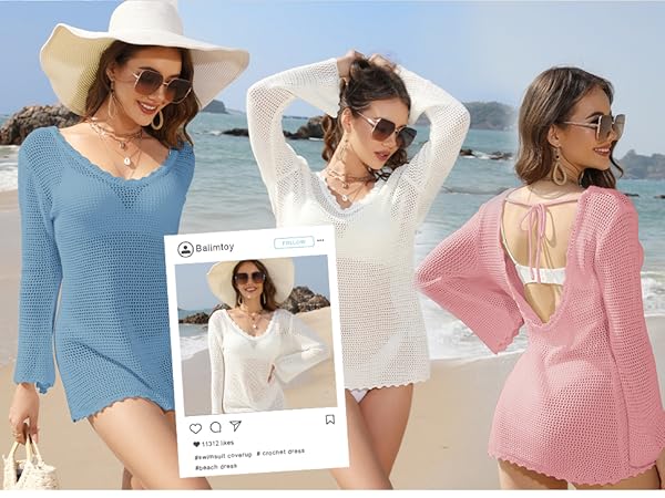 Women Summer Swim Cover Ups Swimsuit Crochet Swimwear Bathing Suit Long Sleeve Beach Dress