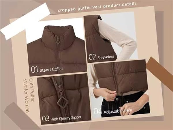 brown puffer vest, Brown crop vest for women