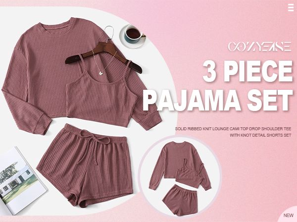 3 Piece Pajama Set Solid Ribbed Knit Lounge Cami Top Drop Shoulder Tee With Knot Detail Shorts Set