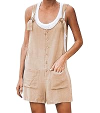 Cotton Linen Rompers Button down Sleeveless Suspender Overalls Jumpsuit Shorts with Pockets