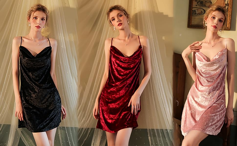 Women Nightgown Sexy Full Slips Velvet Sleepwear Adjustable Strap Sleep Dress Babydoll Nighties