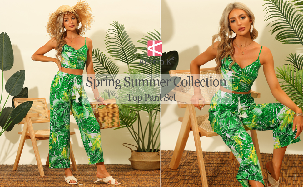 Allegra K Two Piece Outfit for Women''s Tropical Cami Crop Top and Wide Leg Pants Sets