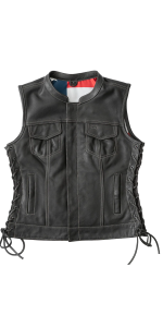 women leather vest with banded collar and side lacing