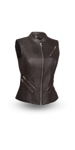 Womens leather vest with banded collar