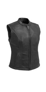 women leather vest with banded collar