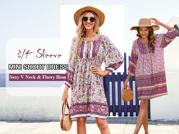 Casual Flowy Printed Summer Dress V Neck Mini Loose Dresses 3/4 Sleeve Beach Cover up