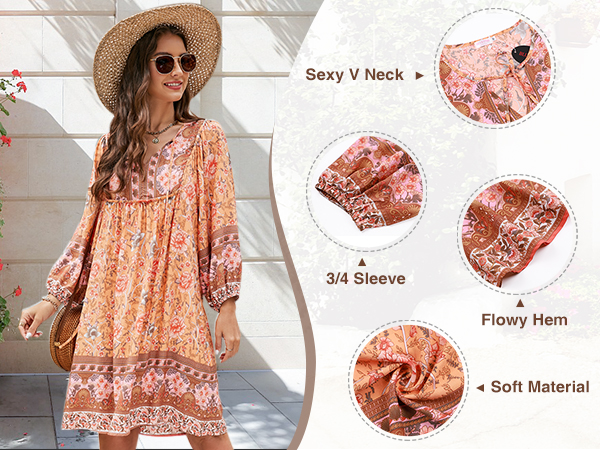 Boho Floral Dresses Casual 3/4 Sleeve Babydoll Dresss V Neck Flowy Summer Dress