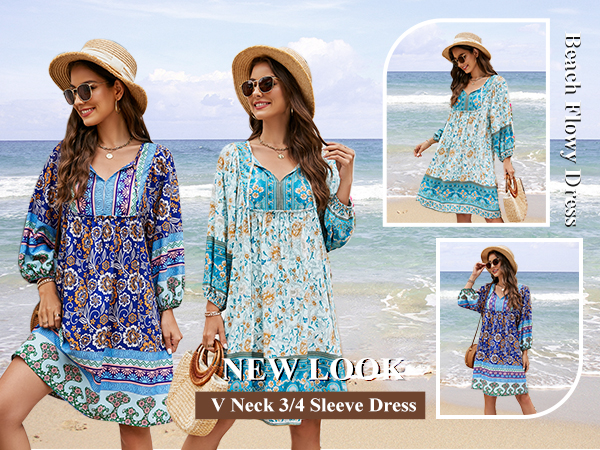 Beach Casual Dresses V Neck 3/4 Long Sleeve Summer Dress Boho Printed Babydoll Dress