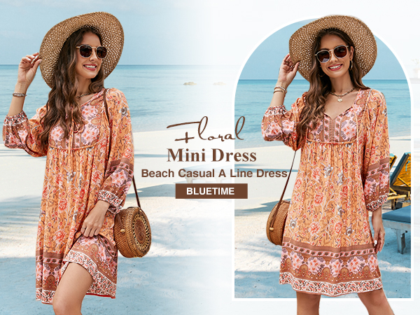 Mini Short V Neck Dress Boho Printed Summer Dress 3/4 Sleeve Beach Swing Cover up