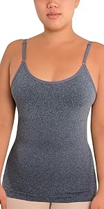 Woman wearing heather gray reversible camisole