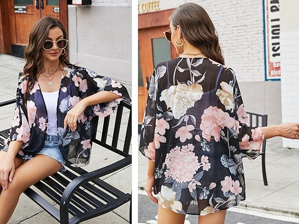 Women Casual Summer Floral Print Short Sleeve Chiffon Sheer Kimono Open Front Beach Wear Cover Up