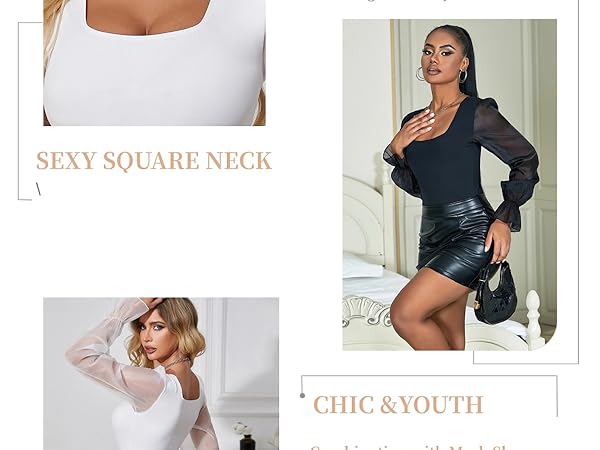 long sleeve bodysuit mesh tops square neck top shirts for women sexy puffy sleeve tops for women