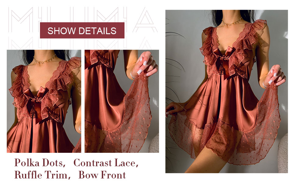 Milumia Women''s Satin Contrast Lace Ruffle Trim Nightgown Lingerie Dress Sleepwear