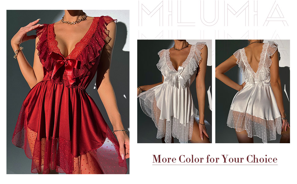 Milumia Women''s Satin Contrast Lace Ruffle Trim Nightgown Lingerie Dress Sleepwear