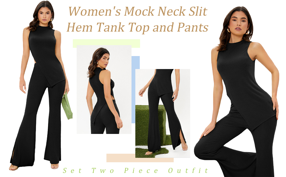 Floerns Women''s Mock Neck Slit Hem Tank Top and Pants Set Two Piece Outfit