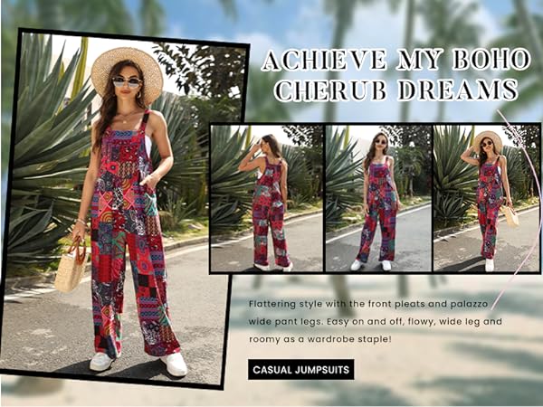 Jumpsuit for Women 2024 Dressy Casual Adjustable Straps Print Summer Cute Linen Rompers With Pocket