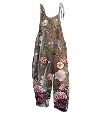 Jumpsuit for Women 2024 Dressy Floral Print Casual Loose Vintage Cotton Linen Jumpsuit Overalls