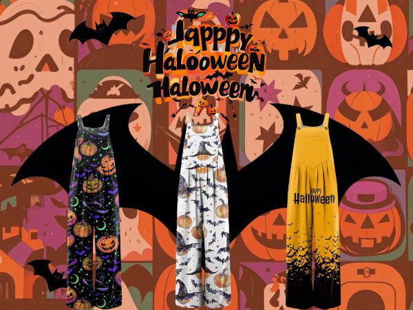 Halloween Wide Leg Jumpsuit for Women 2024 Casual Pumpkin Bat Print Button Overalls With Pockets